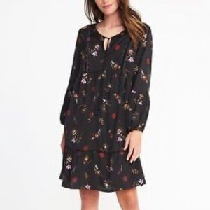 Old Navy Black Dark Micro Floral Long Sleeve Swing Romantic Dress Tassels Medium